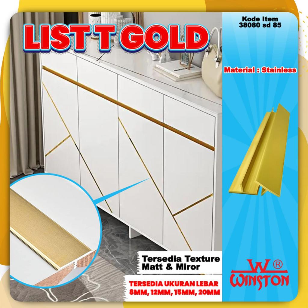 Frame Lis List T Gold Matte Mirror 15 mm x 5 mm Panjang 300 cm 3 meter Alumunium