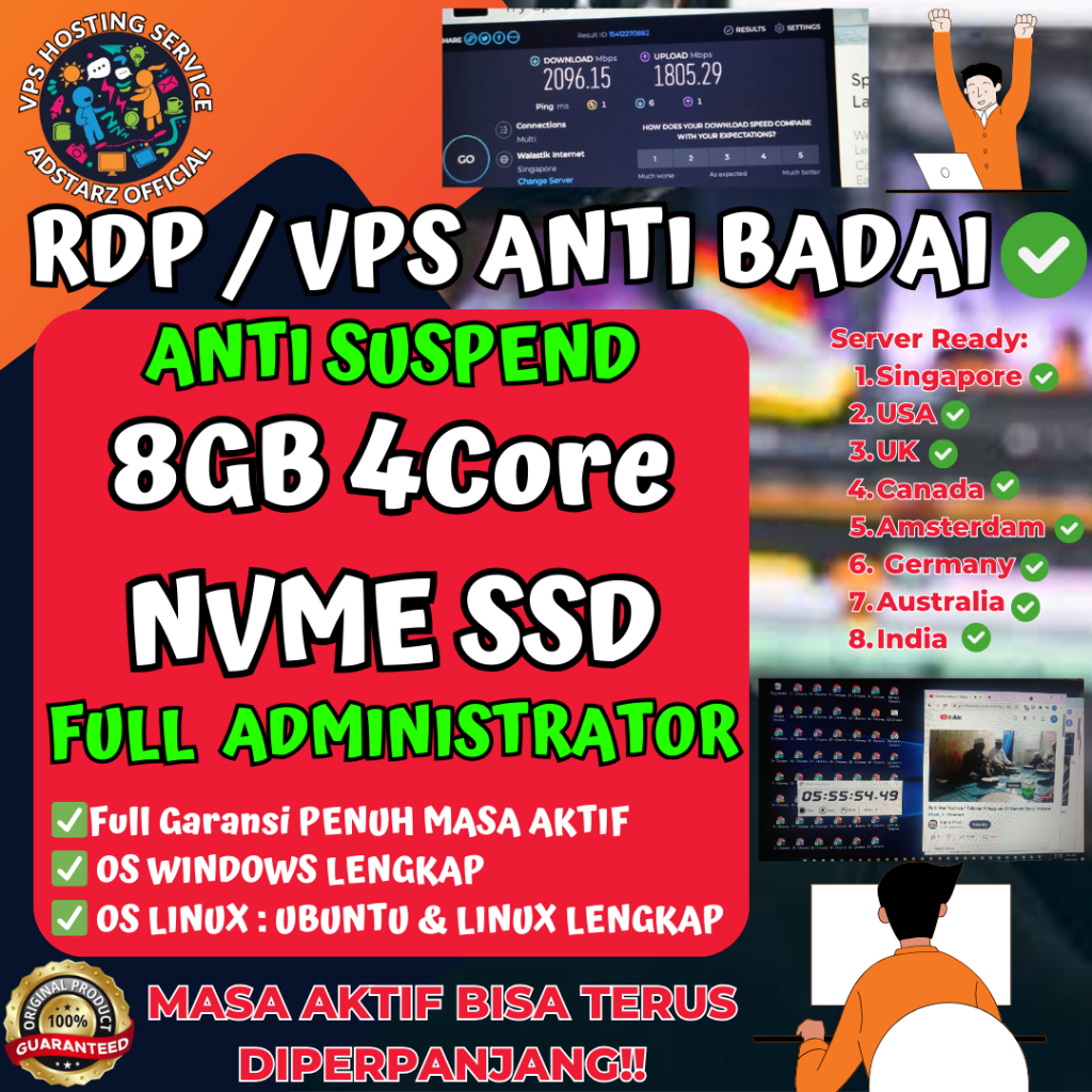 RDP / VPS 8GB 4CORE Windows Ubuntu Debian Full root & Full Administrator & Full Garansi