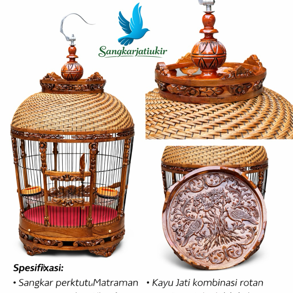 Sangkar Perkutut Mataraman Kayu Jati Ukiran Jepara Kubah Rotan Tebok Bawah Motif Burung Berkicau Ful
