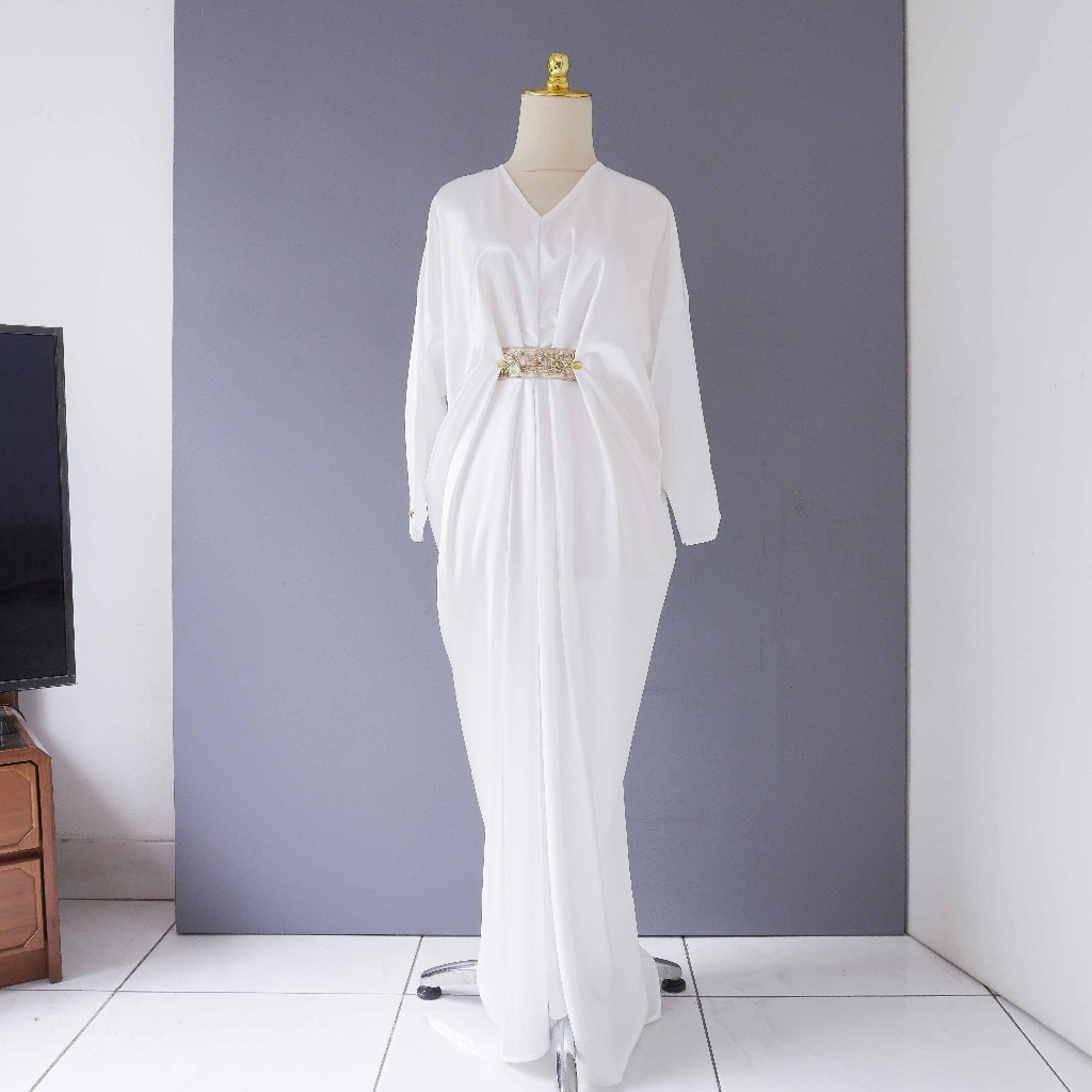 Kaftan V Maxi Tangan Panjang Satin, Putih