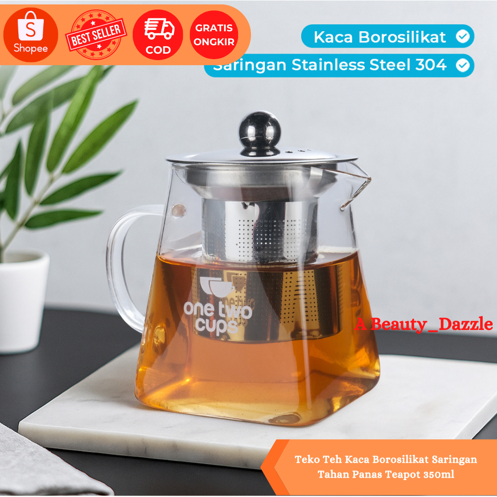 Teko Teh Kaca Borosilikat Saringan Tahan Panas Teapot 350ml Perlengkapan Dapur