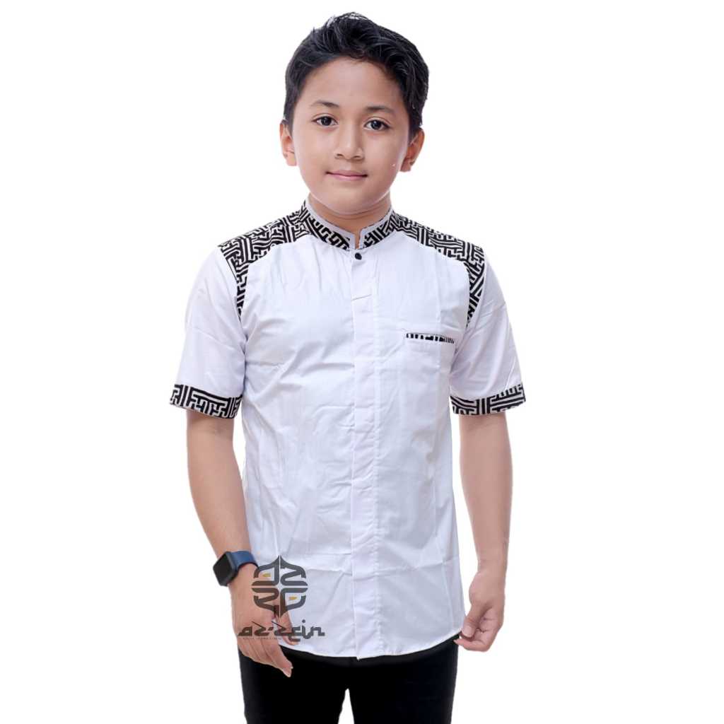 Mecca.nCO Baju Koko Anak Laki Laki Lengan Panjang Baju Koko Kombinasi Batik Baju Koko Putih Bisa COD