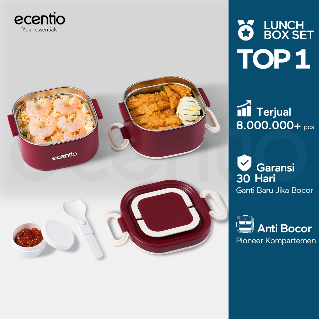 ecentio Kotak bekal bulat stainless steel Double layer 650ml+650ml Lunch box Wadah makan Bento Kapas