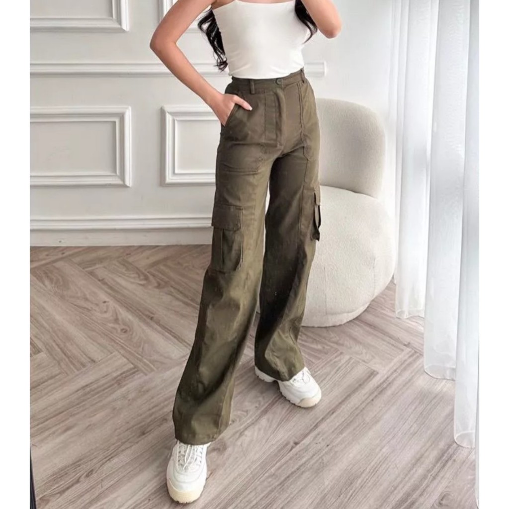 CELANA CARGO RORA WANITA PREMIUM HIGHWAIST BAHAN MELAR JUMBO
