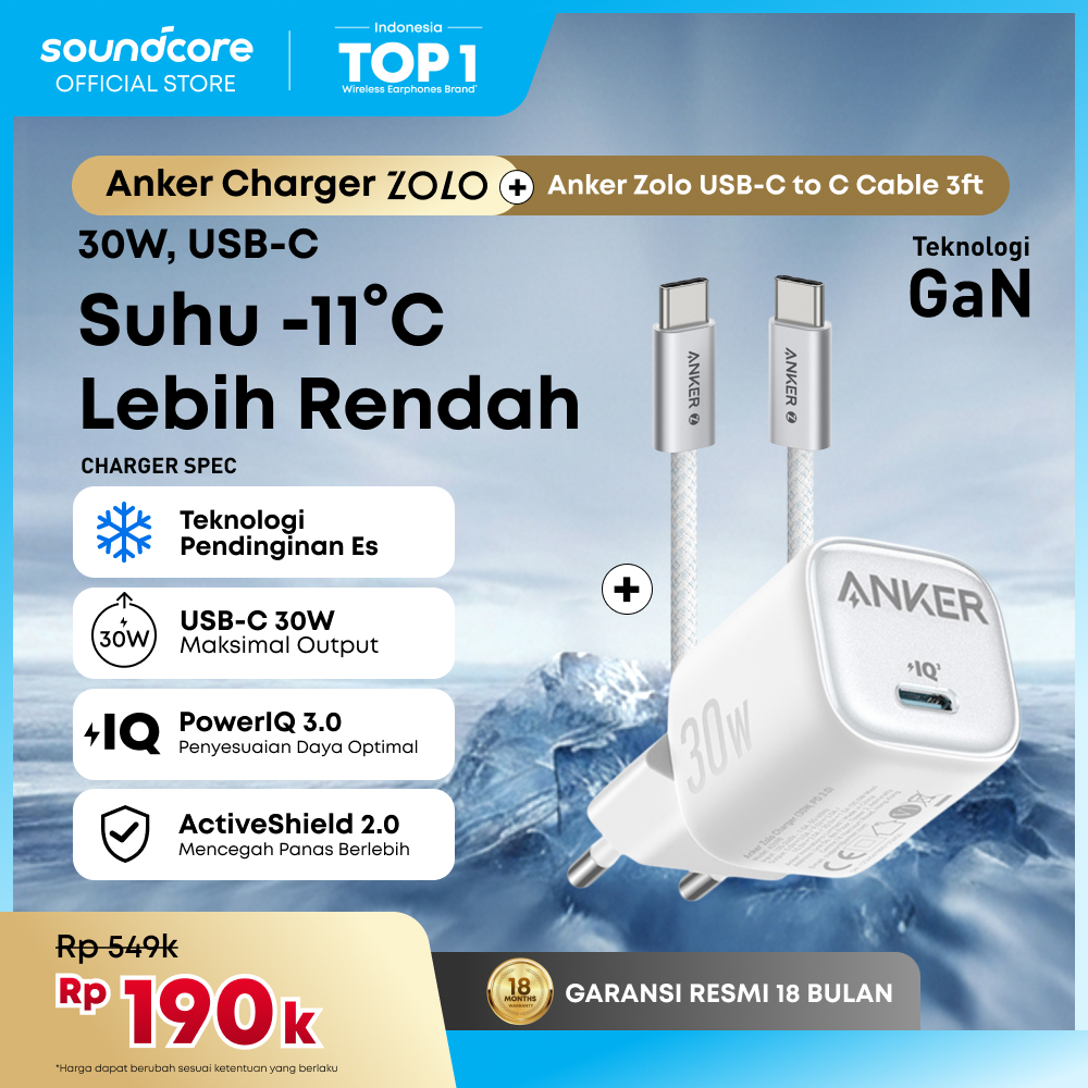 Anker Zolo GaN 30W 20W Adaptor Kepala Charger iPhone 17 16 15 Samsung Type C PD Ice-Cooled Fast Char