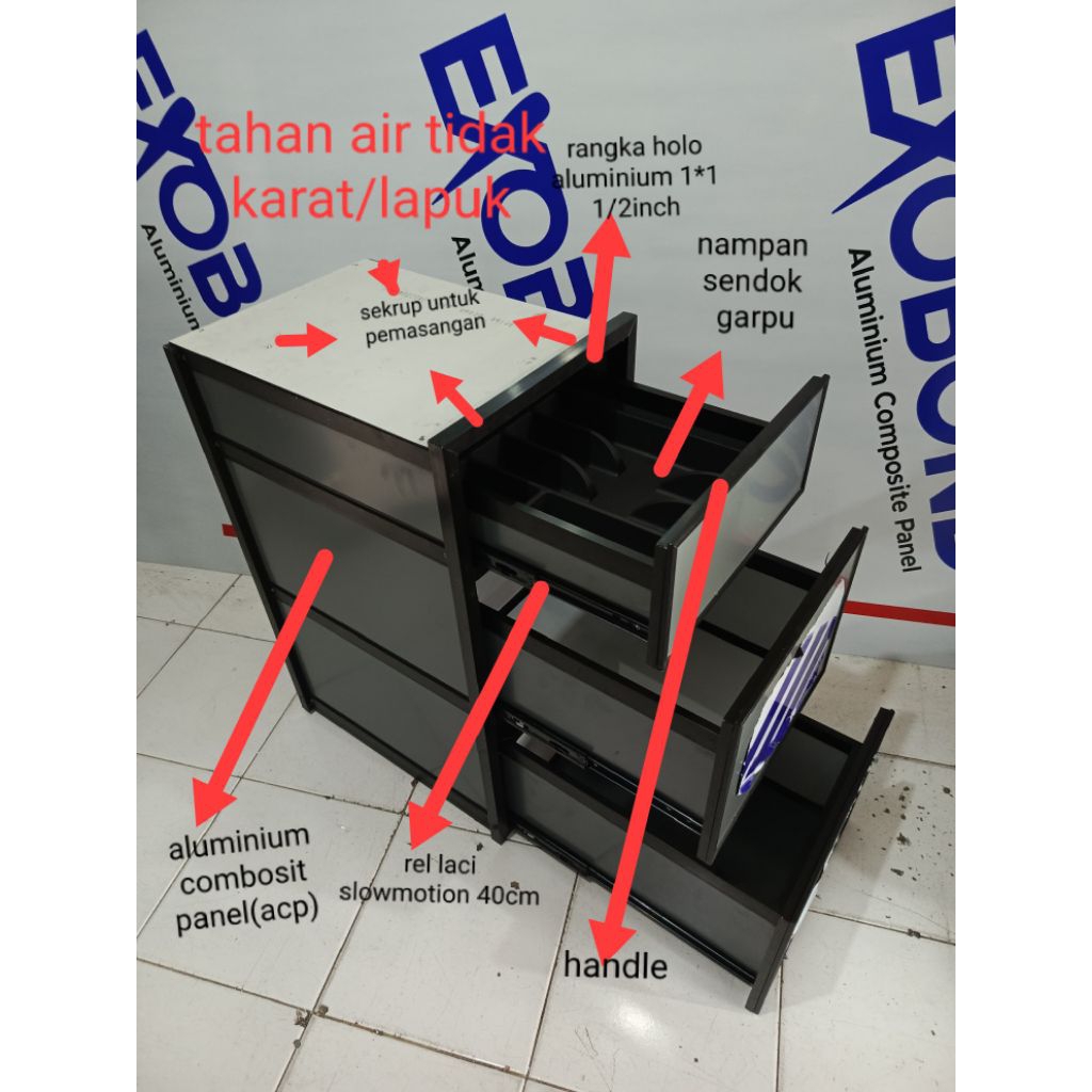 laci sendok kitchen set aluminium bawah kolong meja dapur