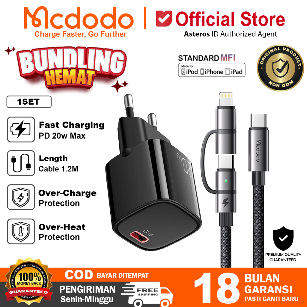 MCDODO Cherger 2in1 Fast Charging For iPhone 11 12 13 14 15 16 17 USB C + Lightning