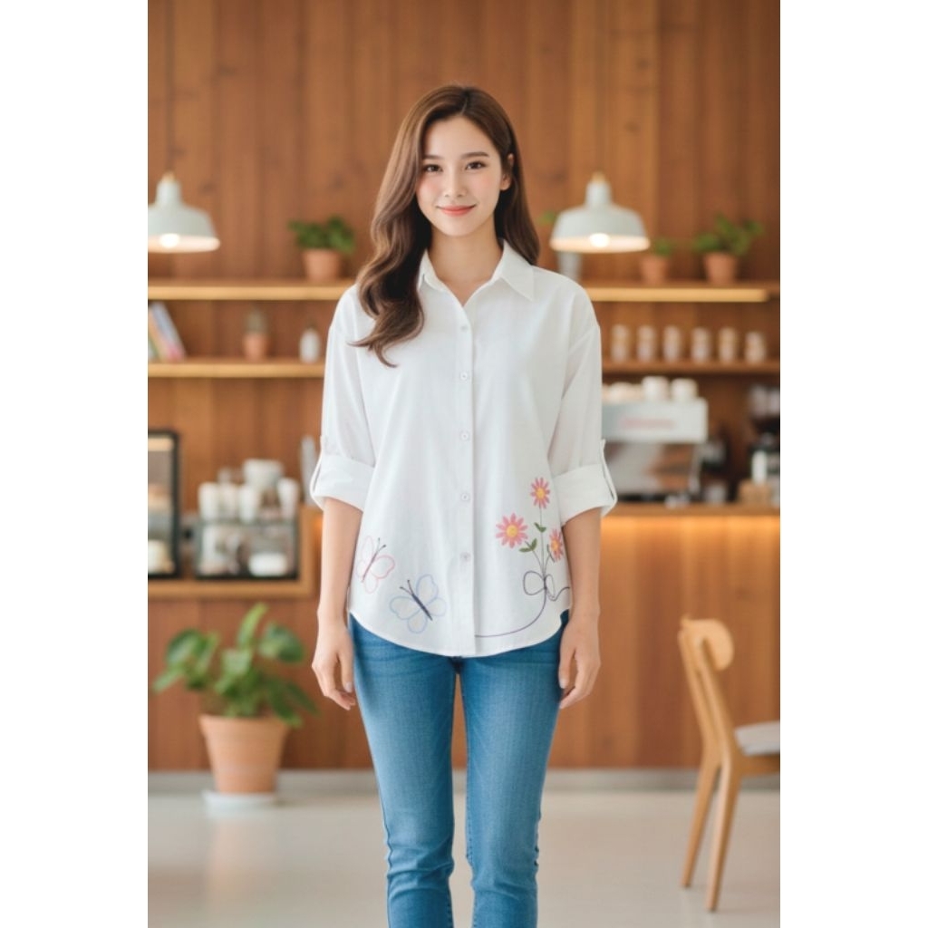 DERINE - Atasan kemeja Wanita kekinian khusus putih - Baju Wanita Katun linen bordir
