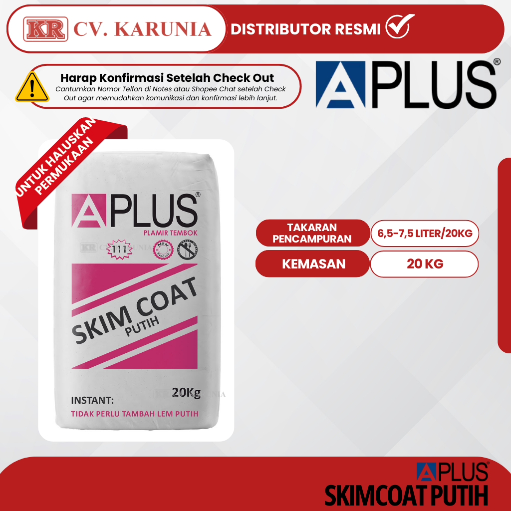 Aplus Skimcoat Putih Semen Instan Acian Halus Tanpa Plamir 20KG | Anti Retak Hemat Cat
