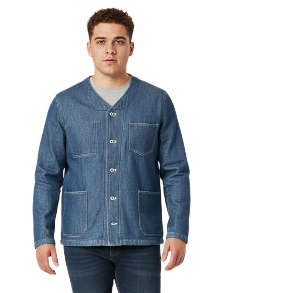Collarless Denim Chore Jacket