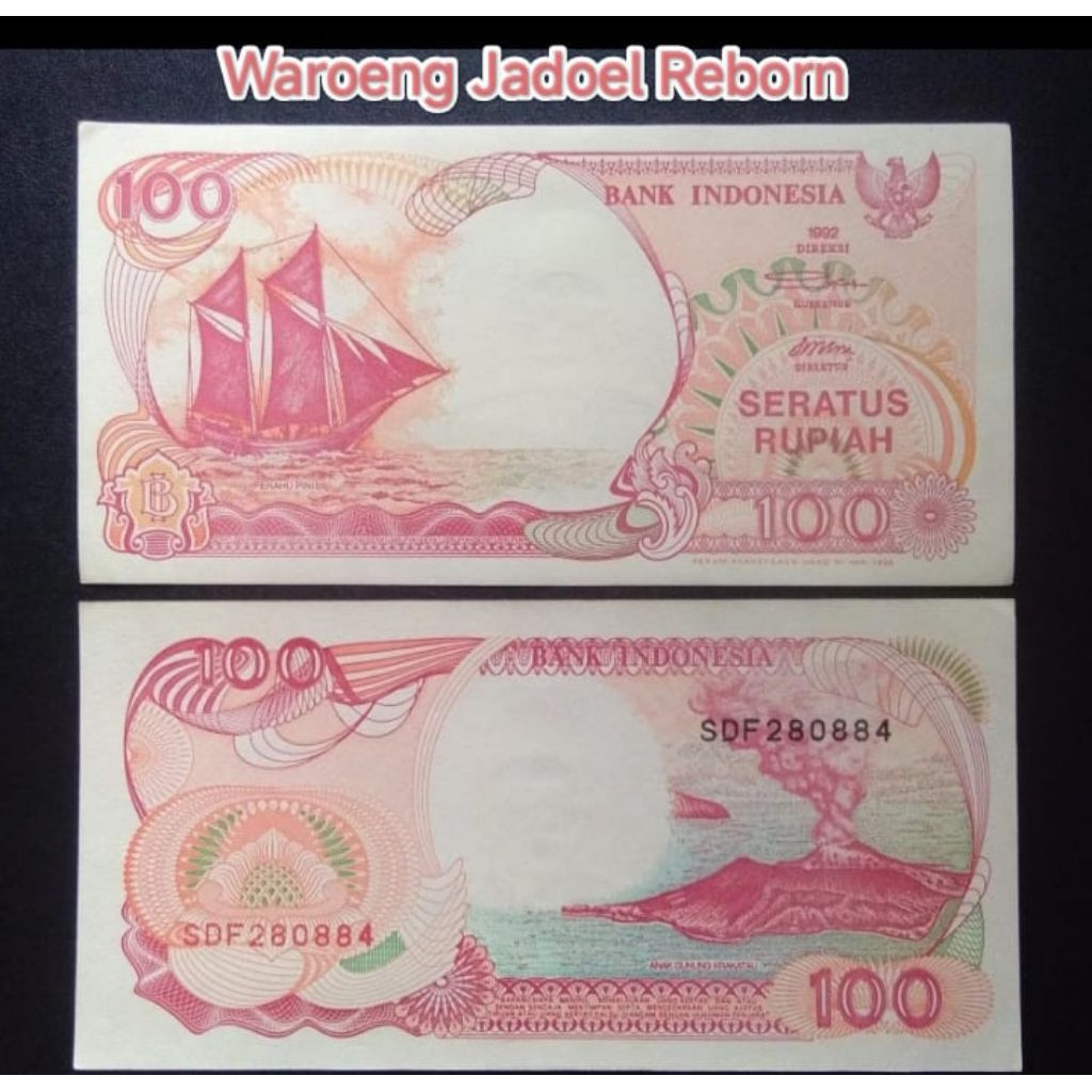 Uang Kertas Seratus 100 Rupiah Asli tahun 1992 Koin Rp 100 Perahu Pinisi 1992 Mahar Souvenir Koleksi