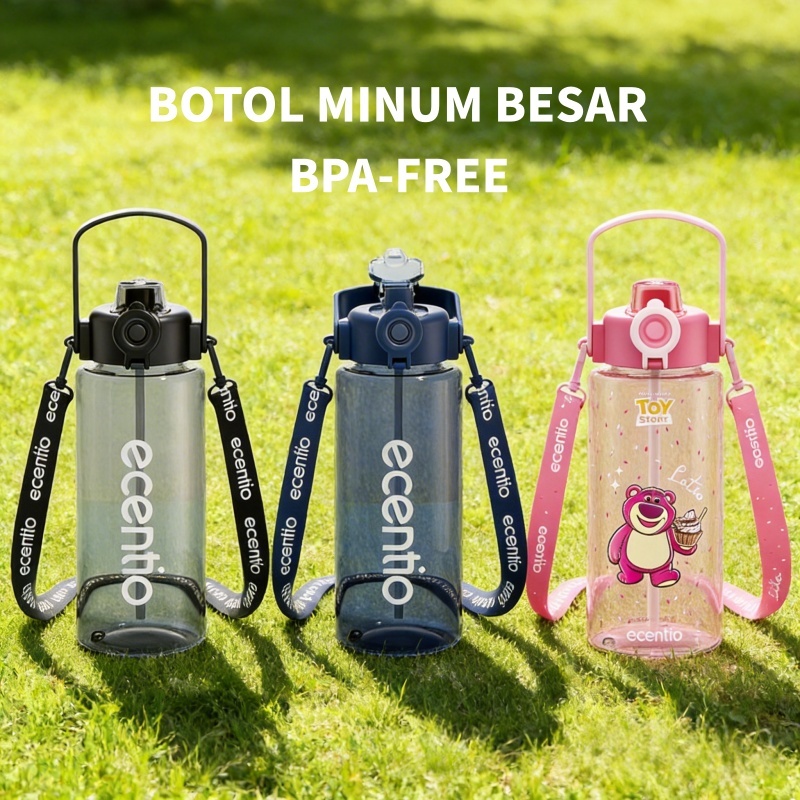 ecentio Botol Minum Besar Kapasitas 1.1 Liter BPA Free Botol Olahraga Portable Gratis Tali Selempang