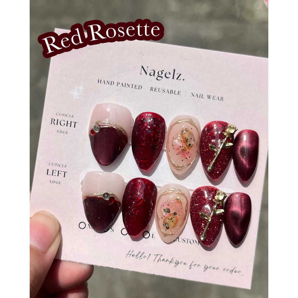 Red Rosette - PRESS ON NAIL / KUKU PALSU / NAIL ART / KUKU PALSU MURAH / KUKU PALSU MEDAN / PRESS ON