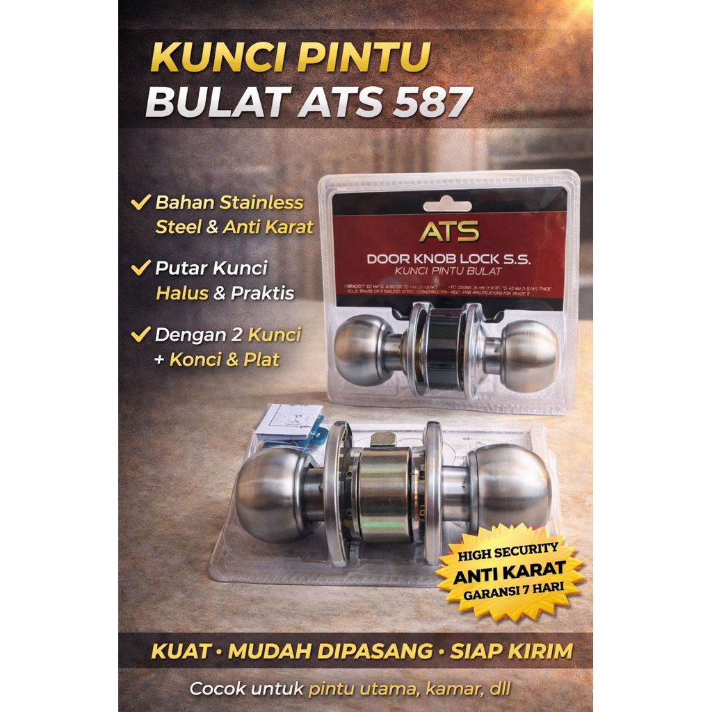 Kunci Handle Pintu Kamar Mandi Bulat Stainless Door Knob selot Kunci ATS BOSSINI