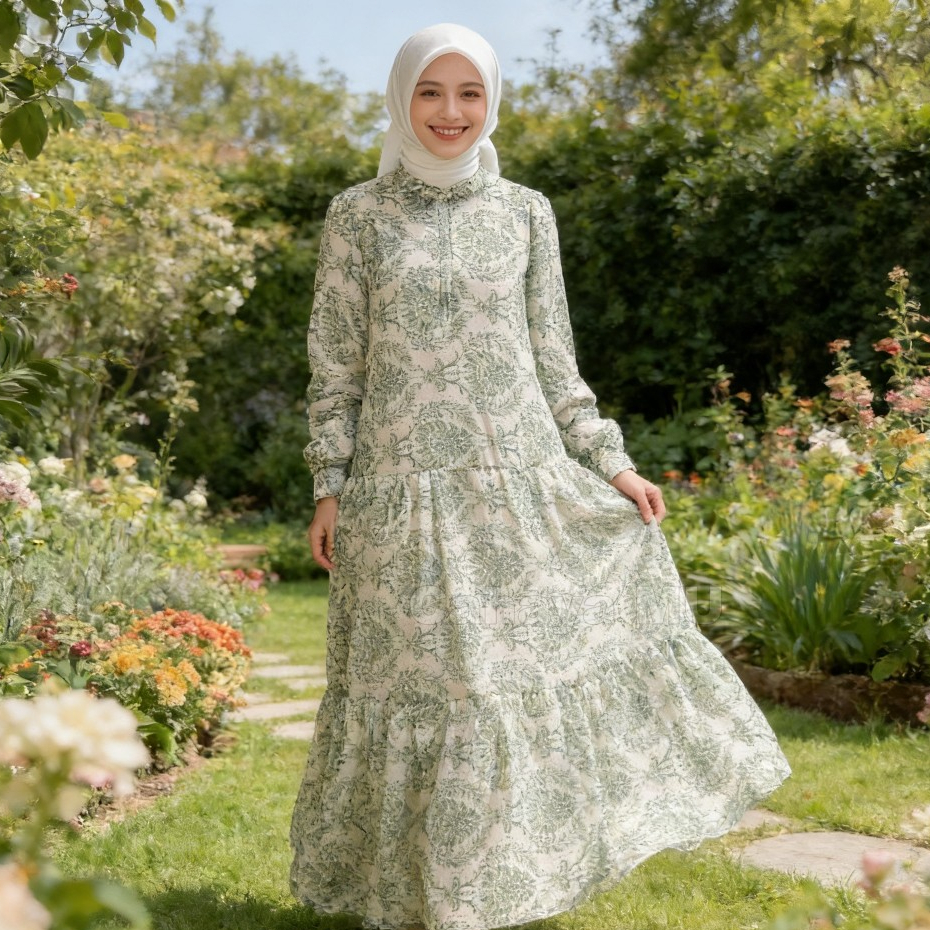 Gamis Dress Mewah Elegan Pesta Lebaran/Floral Dress Muslim Kekinian