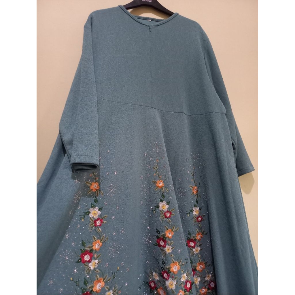 Set Gamis Jumbo Cantik | Set Gamis Lebaran Bordir Biru Denim