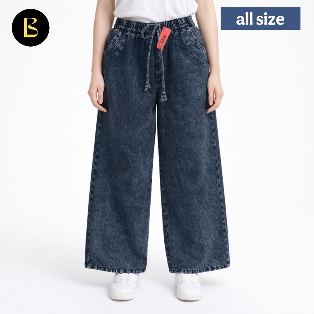 Celana Kulot Jeans Wanita Pinggang Karet
