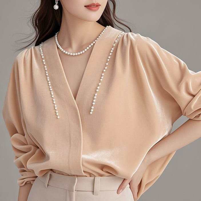 Women's New French Style Chic Patchwork Velvet Beaded Blouse/Top