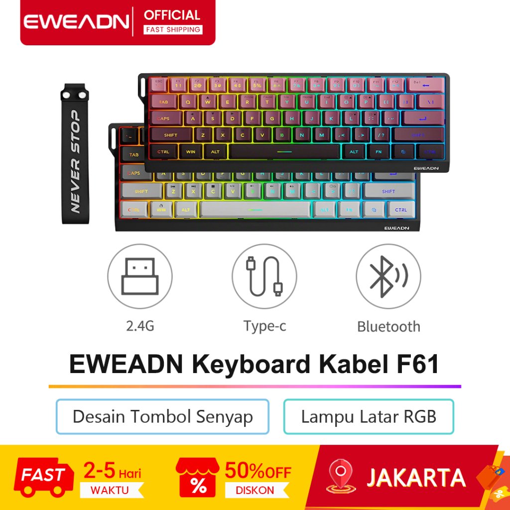 EWEADN Keyboard Kabel F61 Lampu Latar RGB Tombol Senyap Ergonomis Keyboard RGB Keyboard Komputer