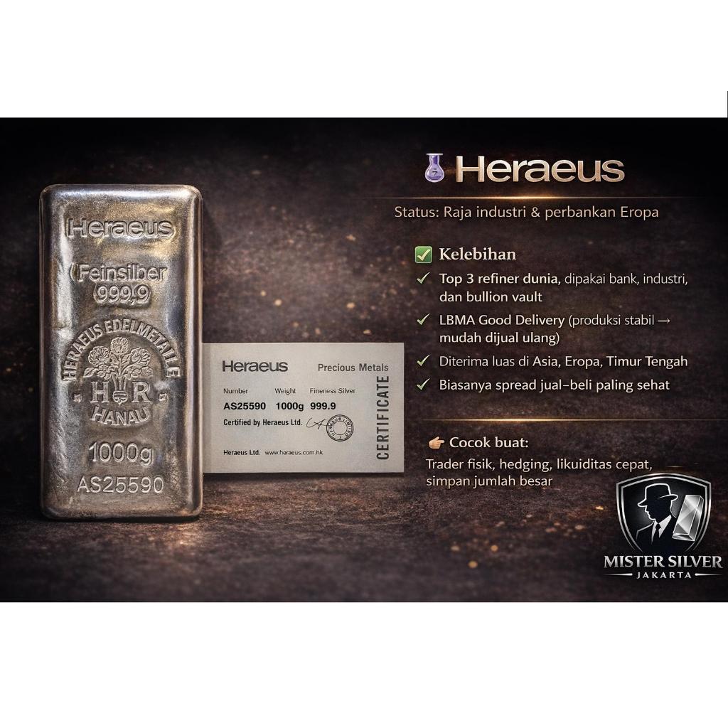 Silver Bar Heraeus 1000g 1kg , original , kadar 999.9 Perak Batangan