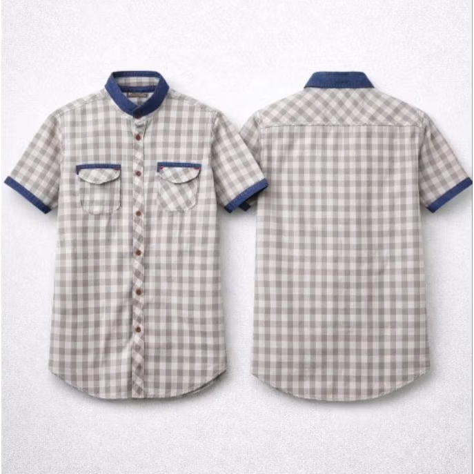 Kemeja Koko Pria Lengan Pendek Motif Kotak Kombinasi Biru – Koko Modern Casual Premium