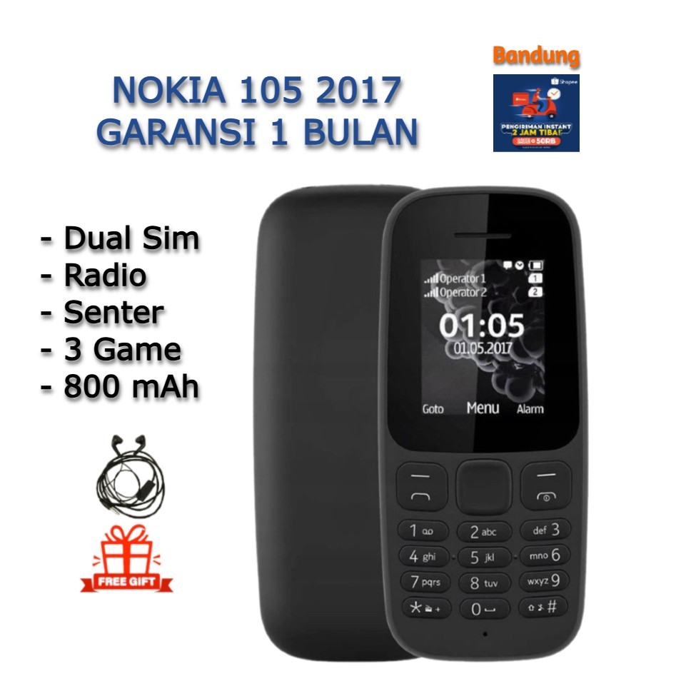 HP NOKIA 105 2017 BARU GARANSI 1 BULAN DUAL SIM RADIO SENTER GAME 800mAh