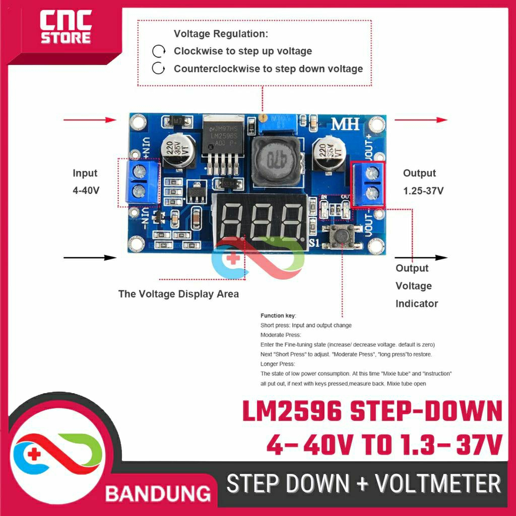 LM2596, voltmeter LED adjust voltage cuma putar trimpot