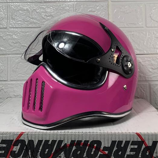 Helm Cakil Retro Custom Pink Glossy Lengkap Visor