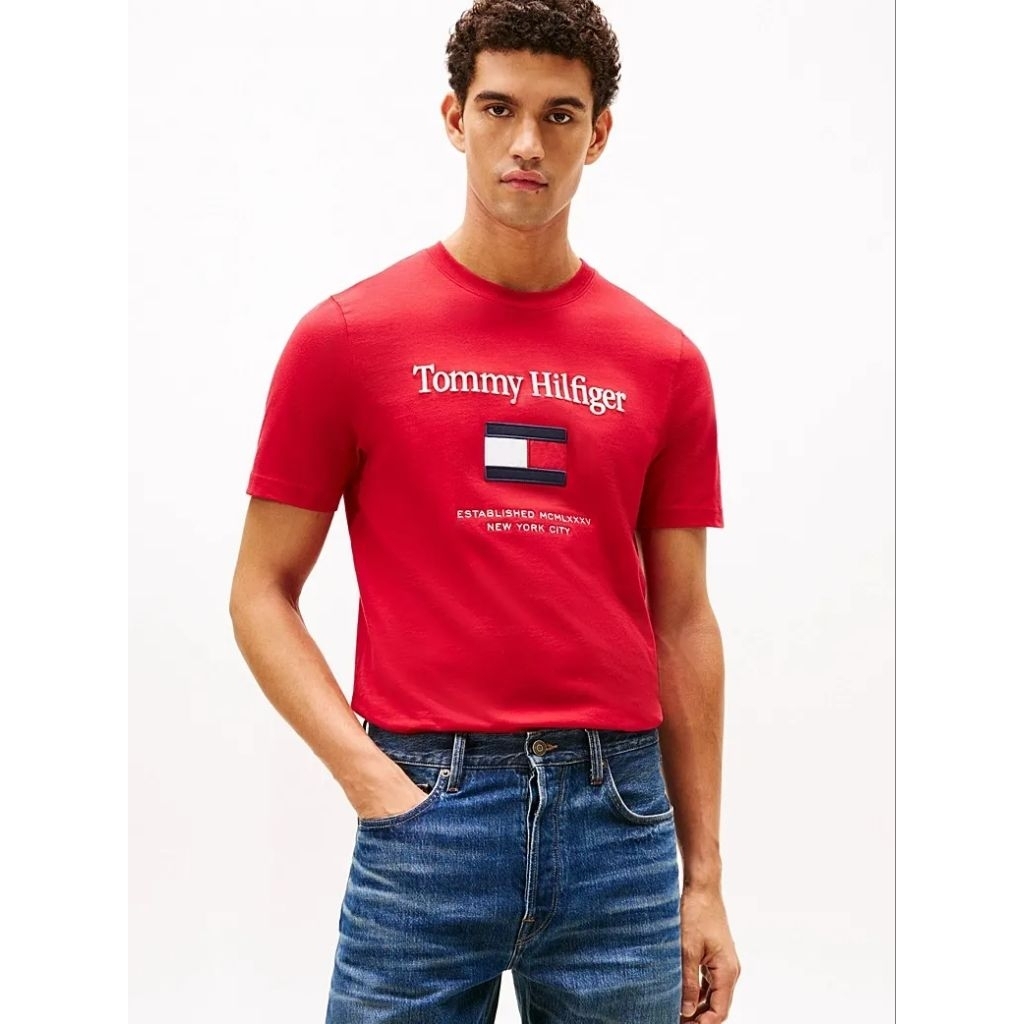 Tommy Hilfiger Men's THRMW42736DW Logo Embroidery Crew Neck T-Shirt Kaos Pria