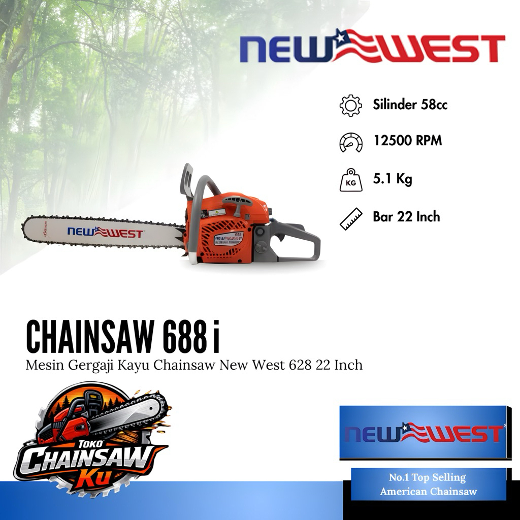 TERMURAH CHAINSAW NEW WEST 688 I BAR 22 INCH MESIN SENSO POTONG KAYU NEW WEST 628/688I KOMPLIT