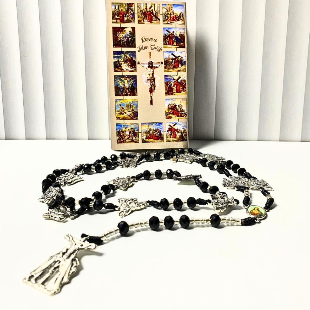 Kalung Rosario Jalan Salib Eksklusif Bahan kristal ceko hitam - Paket Doa rosario Katolik