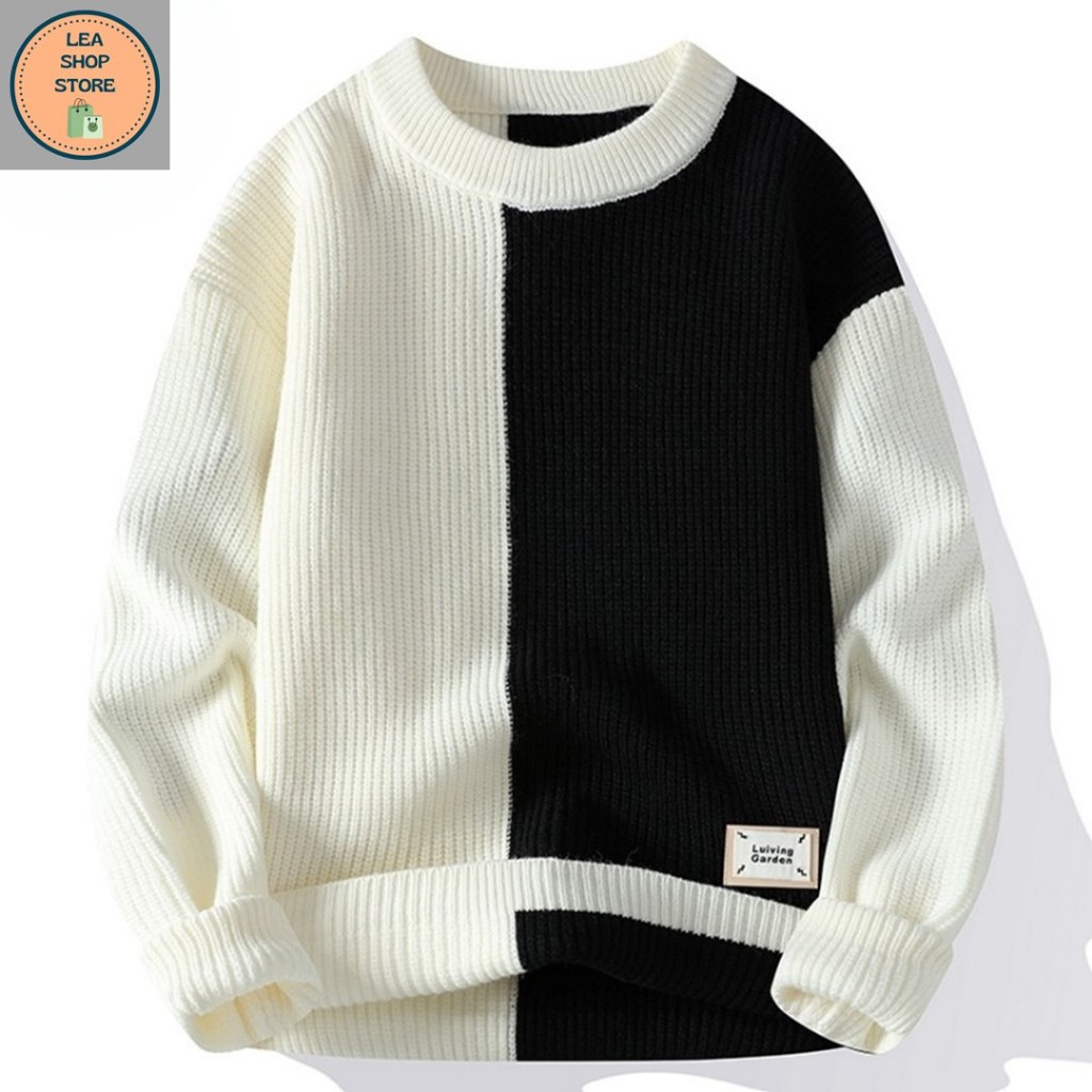 Sweater Rajut Pria Trendy Bahan Rajutan Knitted Switer Cowok Keren dengan Desain Warna Hitam dan Put
