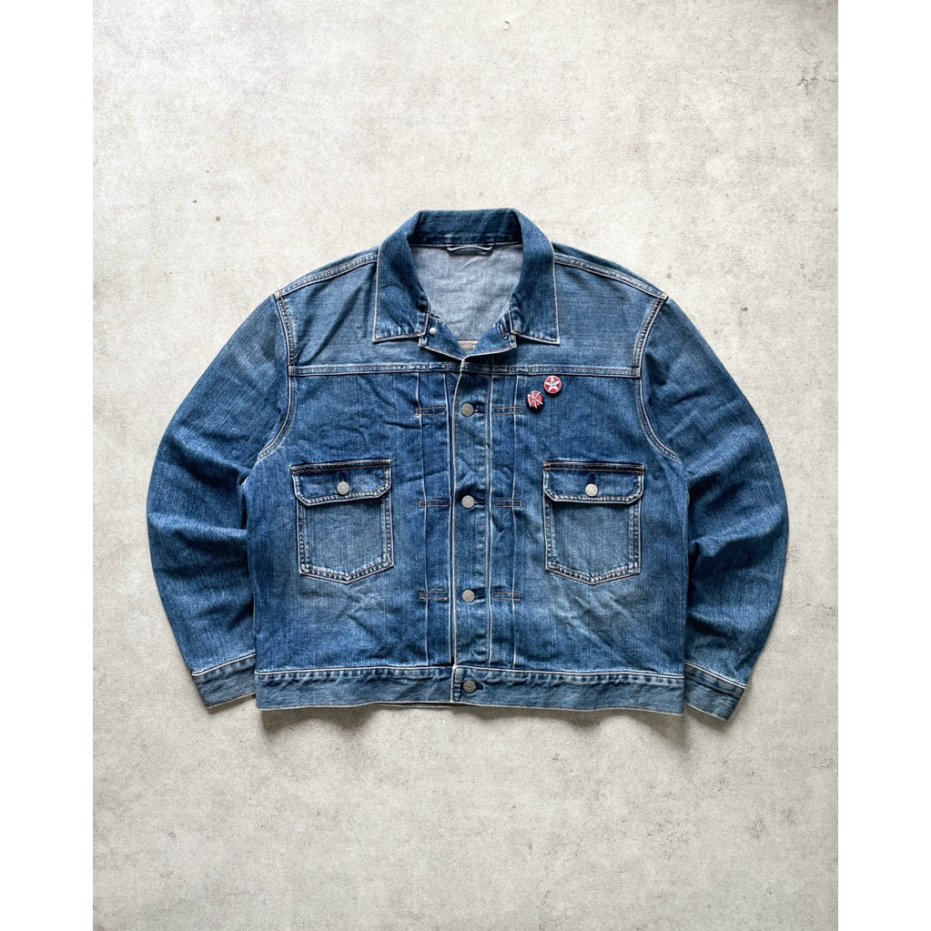 Trucker GU Denim Jacket Jeans Type 2 Buckle Back Light Blue Boxy Japan y2k