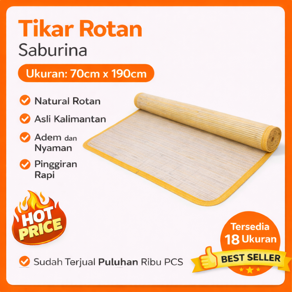 Saburina 70 x 190, Tikar Rotan, Lampit Rotan Saburina Cotton, Tikar Lesehan, Tikar Kalimantan, Karpe