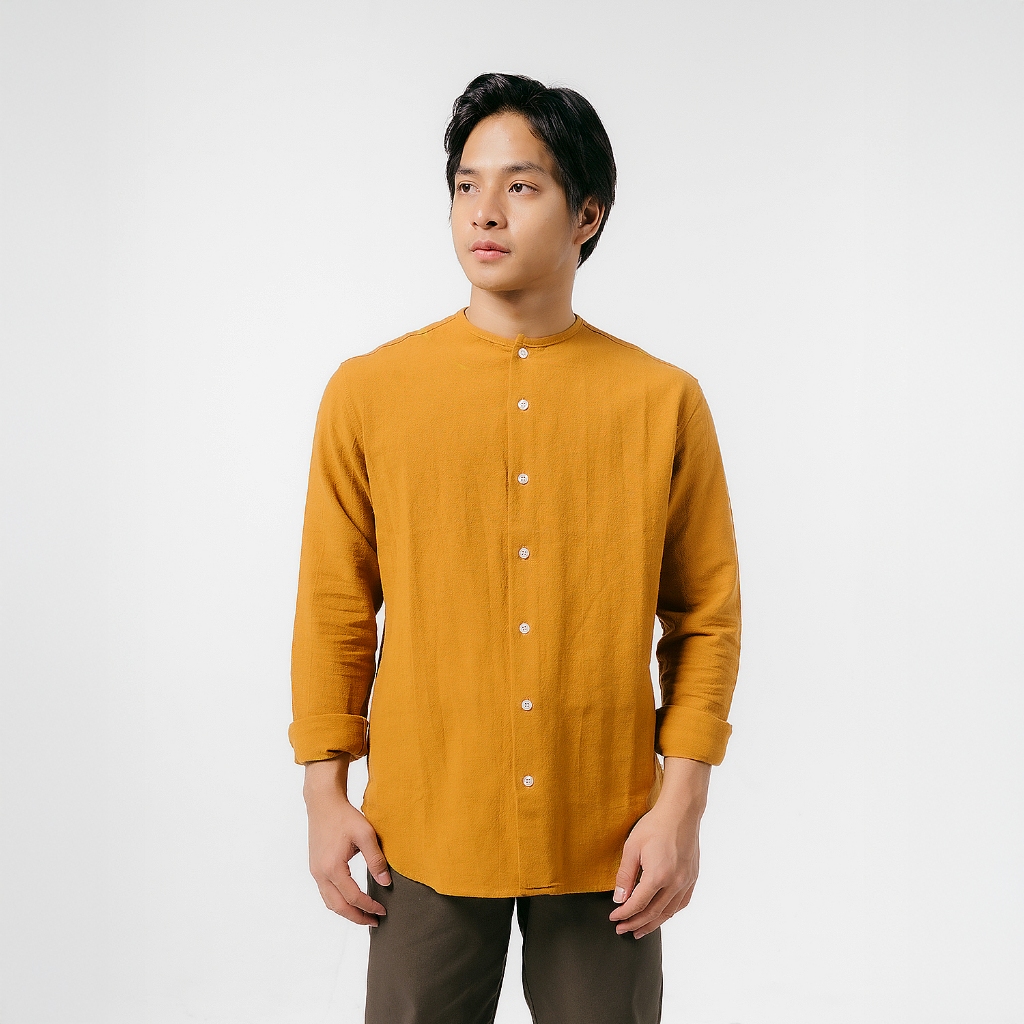 Nordhenbasic Collarless Shirt 100% Cotton Mustard Pria