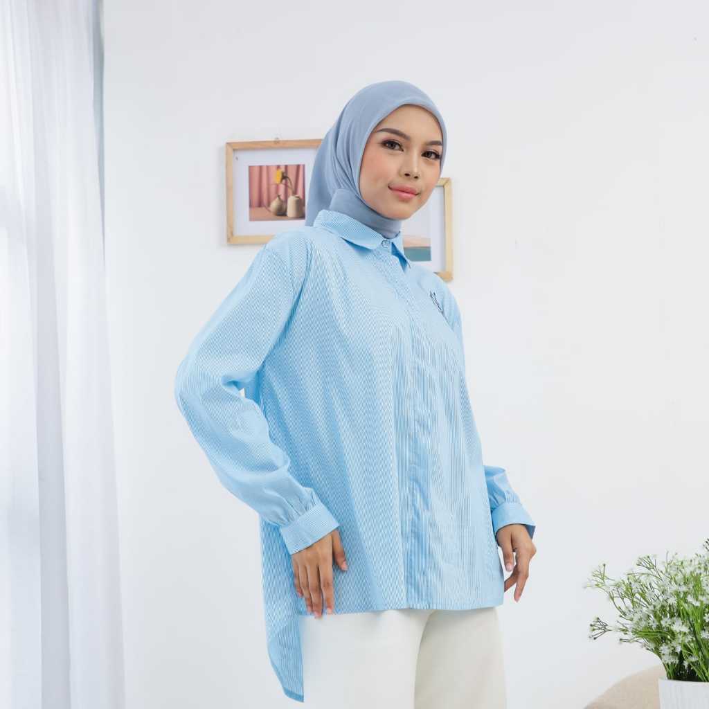 Kemeja Cala Stripes Oversize Katun Motif Garis Korean All Size Maroon Biru