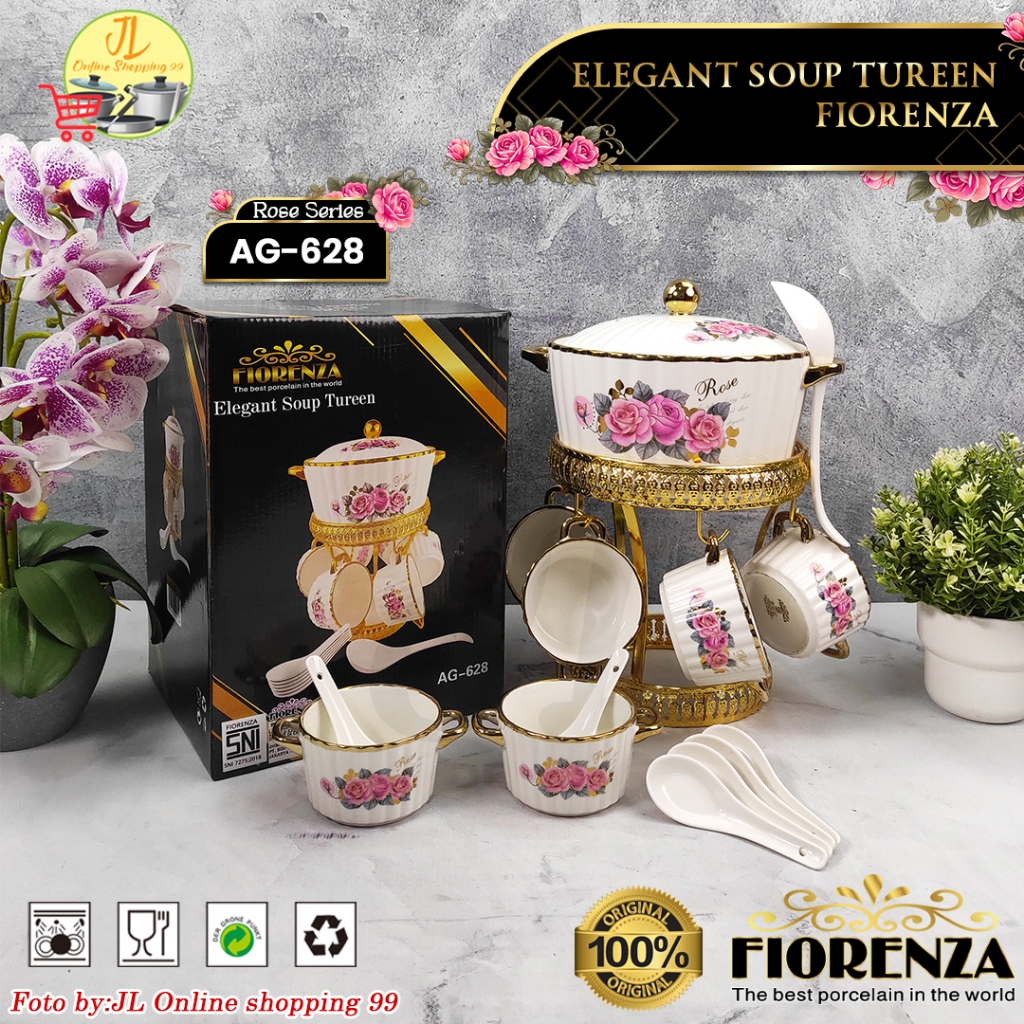 FIORENZA soup tureen Rose Gold deluxe series with rack / mangkok es buah keramik + sendok AG-628