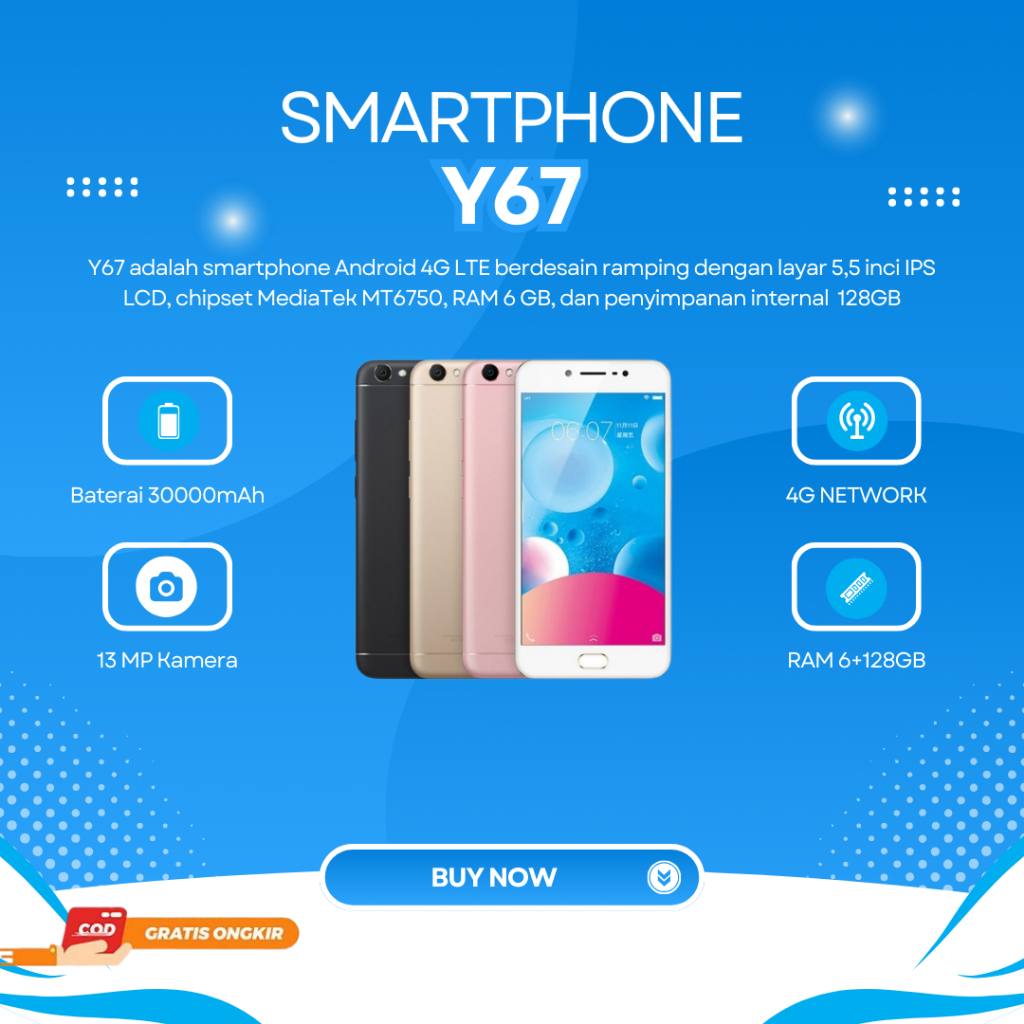 HP SMARTPHONE Y67 VIVO RAM 6GB/128GB BERGARANSI  12 BULAN
