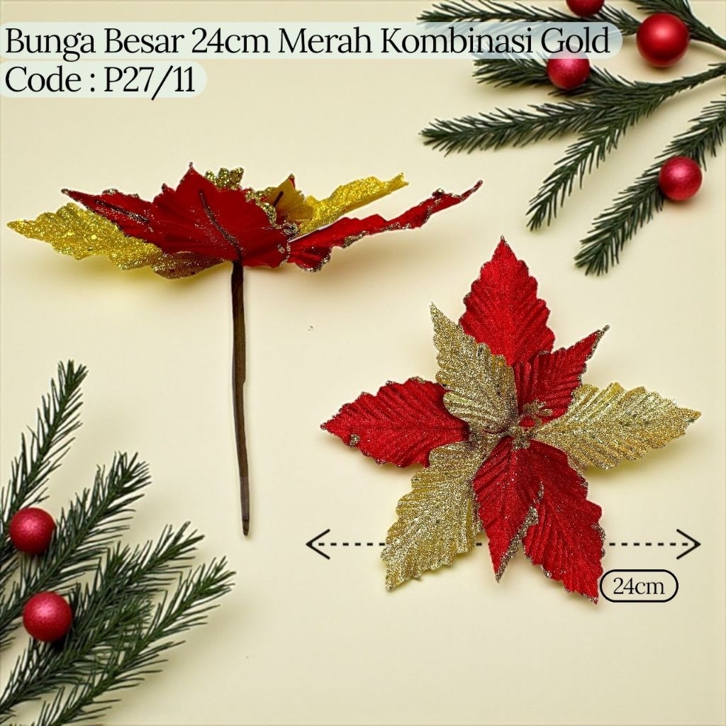 Bunga Besar 24cm Merah Kombinasi Gold
