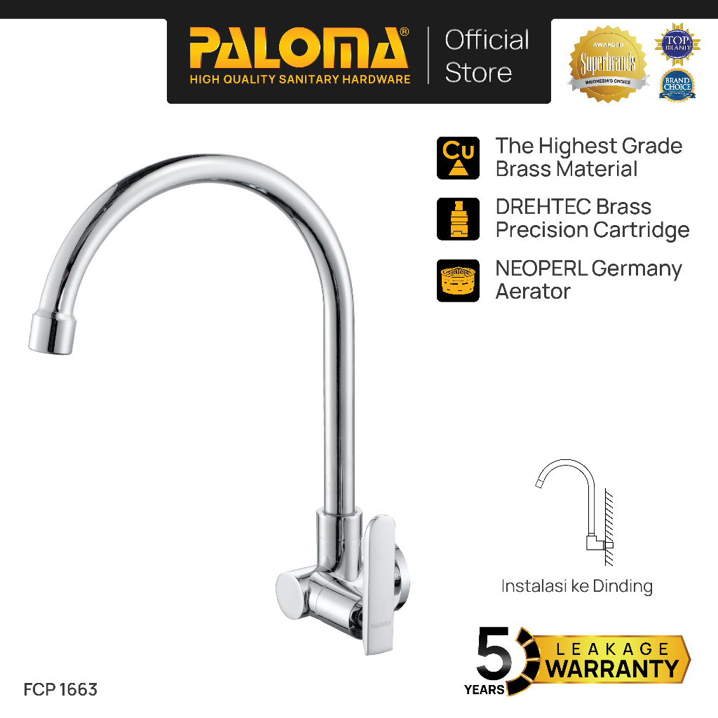 PALOMA FCP 1663 Kran Sink Leher Angsa Keran Dapur Kran Cuci Tangan Kran Air Sink Tembok Dinding Wall