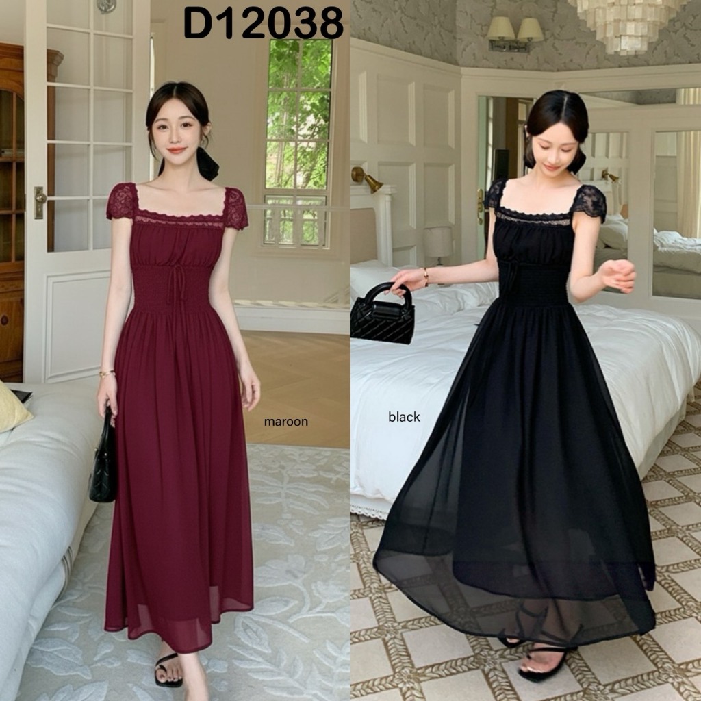D12038 Isabella Square Neck Lace Edge Dress / Gaun Elegan Cantik Pesta Wanita