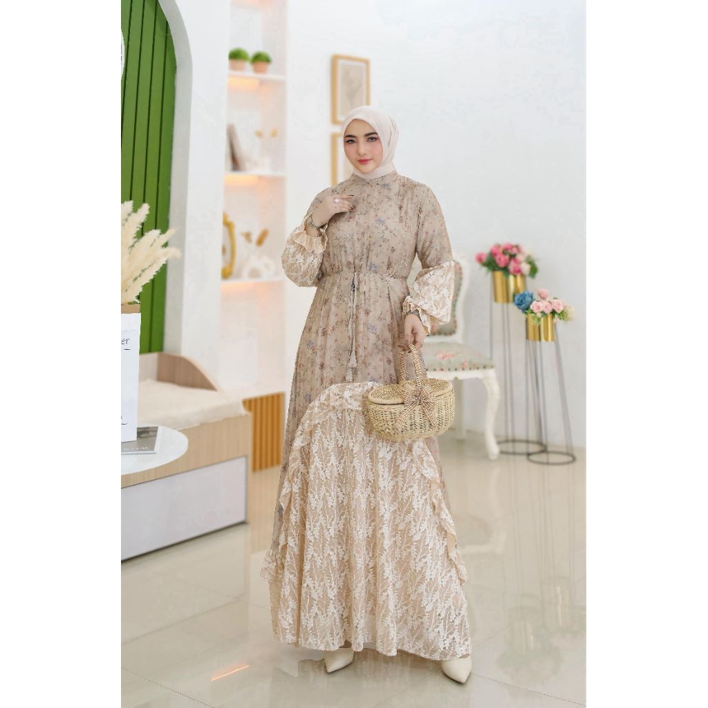 MISYA DRESS ORI BY SYAFEERA BAHAN SEMI SUTRA MIX BRUKAT PRADA PREMIUM LD 110 BUSUI FRIENDLY