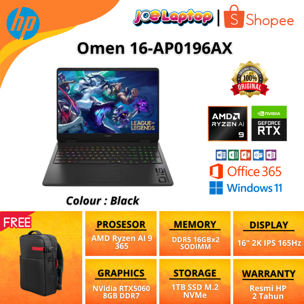 HP Omen Laptop 16-AP0196AX Black Ryzen AI 9 365 Win11 OHS