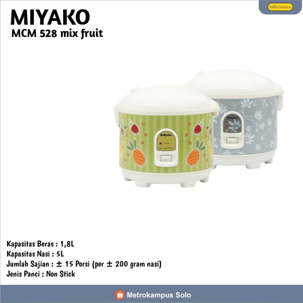 MAGIC COM MIYAKO MIX FRUIT MCM 528/MAGICCOM LUCU DAN SERBAGUNA/KAPASITAS 1,8L