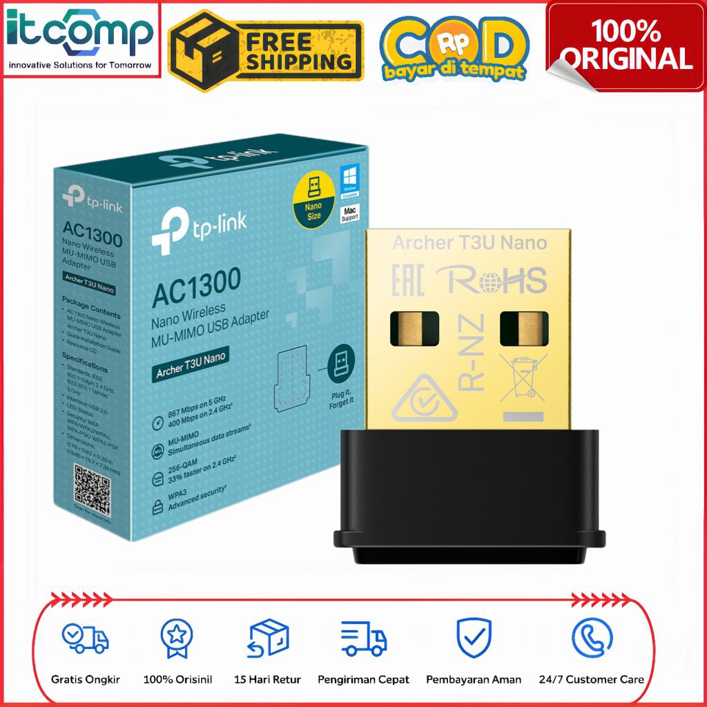 TP-Link Archer T3U Nano AC1300 Wi-Fi 5 Dual Band MU-MIMO USB 2.0 High Gain Adapter