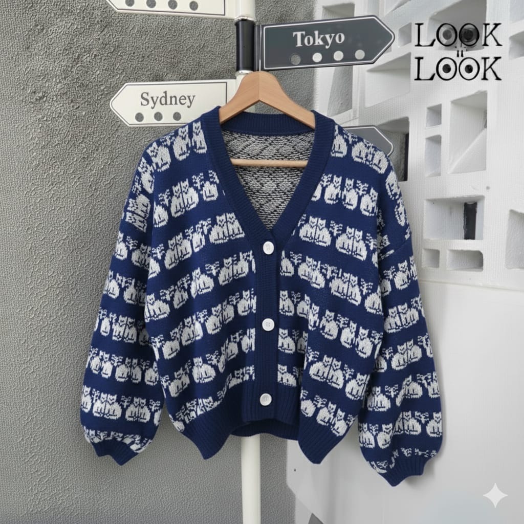 Cardigan Rajut  Kucing Wanita Korea Oversize Knit Import