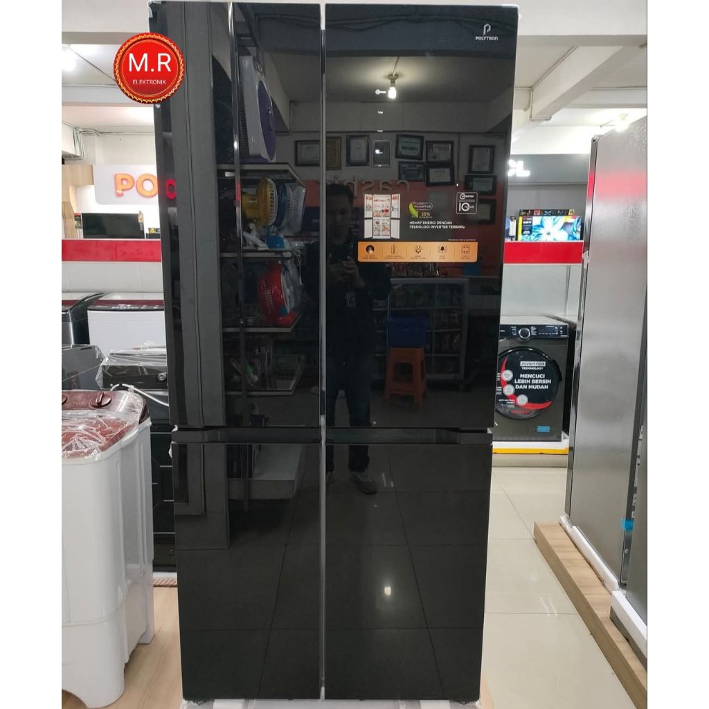KULKAS POLYTRON 4 PINTU BLACK GLASS PRS-510X INVERTER GARANSI RESMI 10 TAHUN