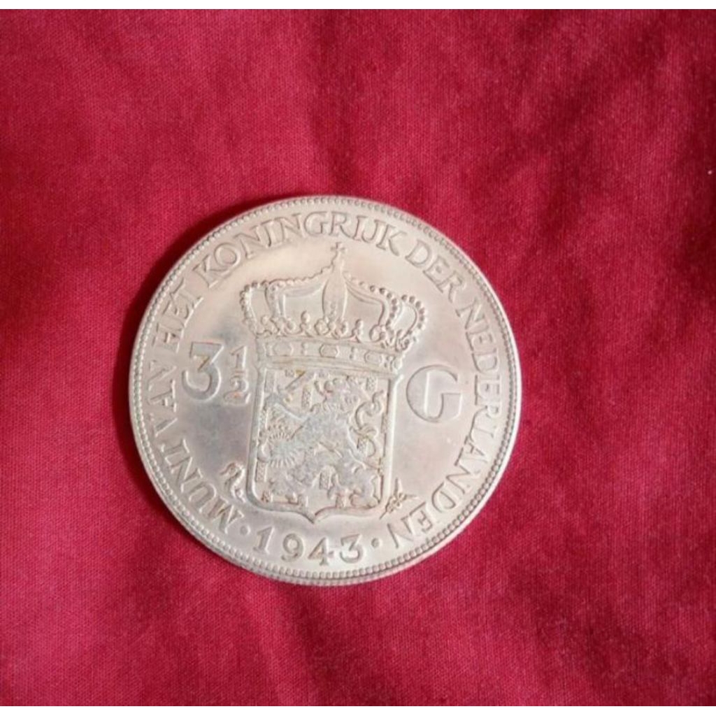 Koin Kuno Silver Perak Koin Jaman Dulu Tahun 1943 Nedeland Belanda Wilhelmina 3 1/2 Gulden