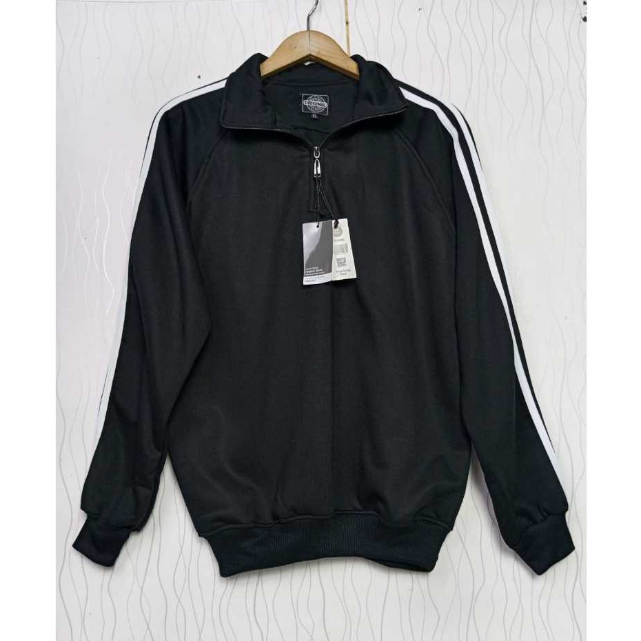 Jacket Sweater Polos List Putih Casual Pria Dewasa / Half Zipper Basic Hitam / Outer Berkerah Pria K