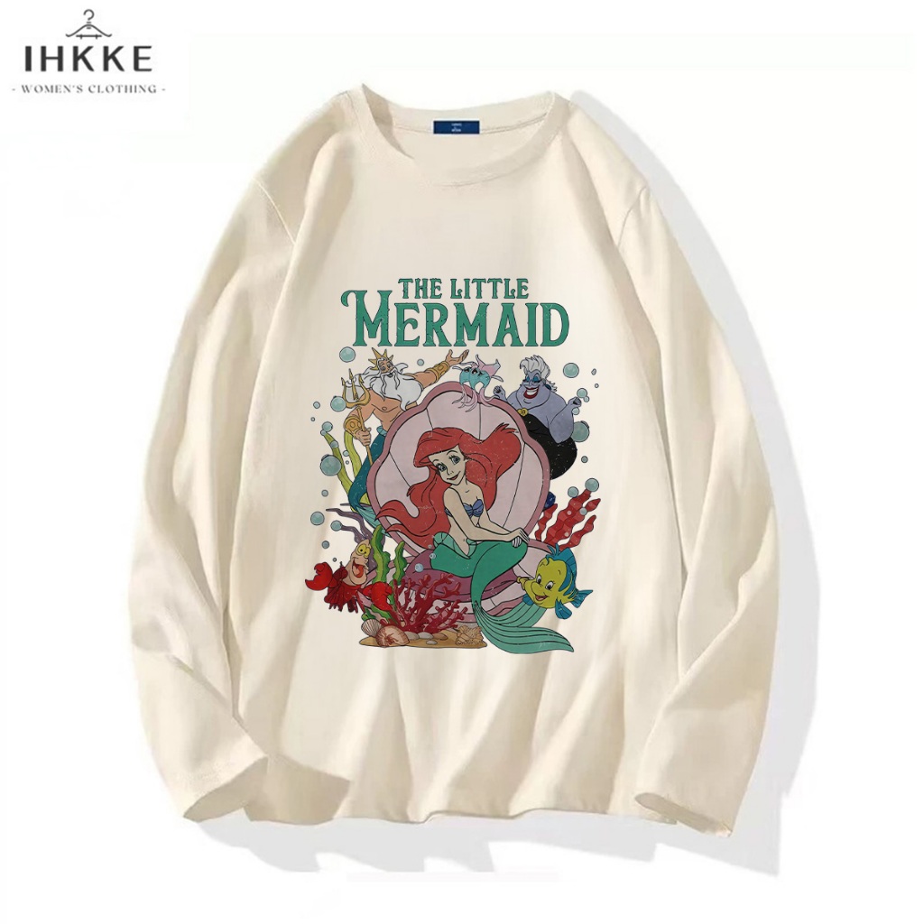 IHKKE Korean Style Atasan Kaos Oversize Lengan Panjang Wanita/Film Disney Kartun The Little Mermaid 
